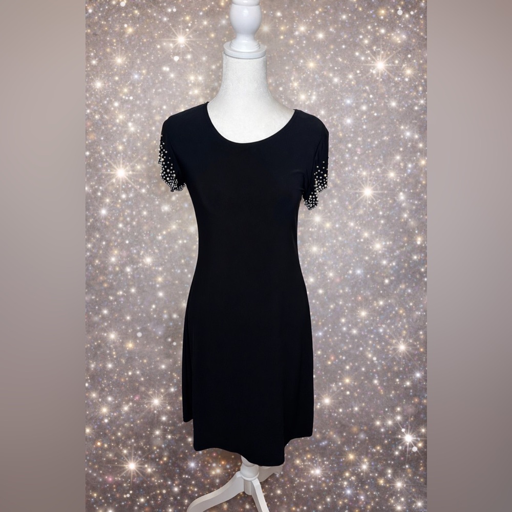 Elegant Black Midi Dress With Pearl-Trim Sleeves